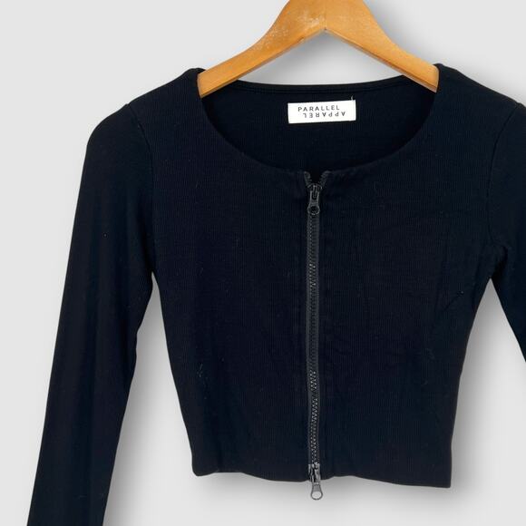 Parallel Apparel Black Long Sleeve Cropped Zip-Up Top Size XS - Picture 3 of 3